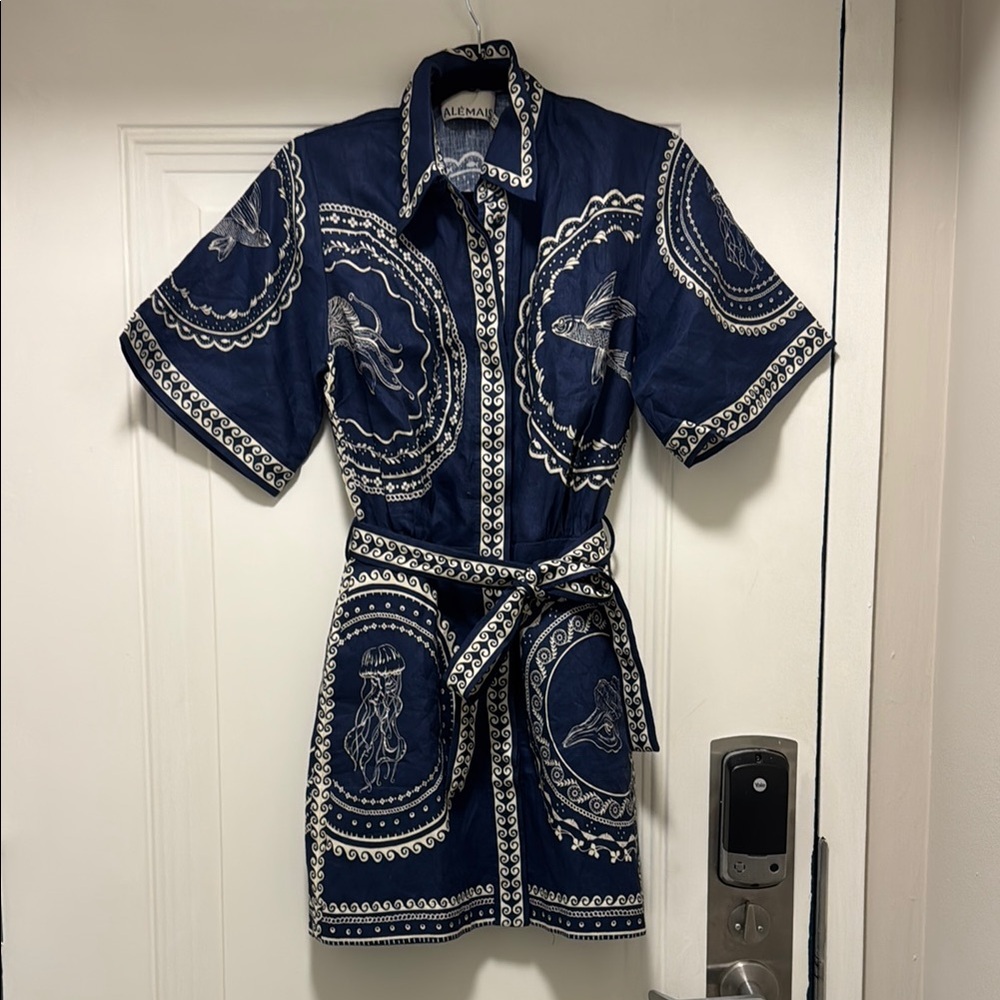 Alemais Navy Blue and White Short Sleeve Mini Shirt Dress